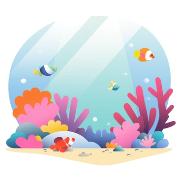A stunning digital illustration of an underwater scene with colorful coral reefs and various fish swimming.