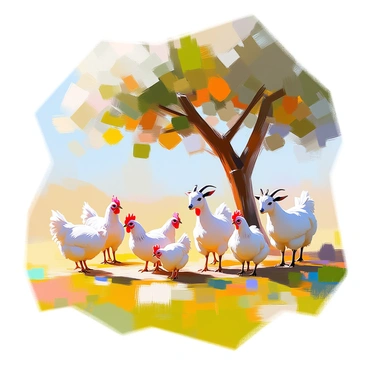 A sunny grassy field features several friendly farm animals including a group of colorful chickens and playful goats. The chickens, with their vibrant feathers, are pecking at the ground while the goats, with their sturdy bodies and curious expressions, frolic around them. In the background, a large, leafy tree provides shade, with its branches extending widely, creating a cozy spot for the animals. The scene captures the lively interaction between the goats and chickens as they enjoy their playful afternoon together.