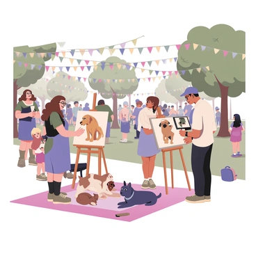 A digital flat illustration featuring a lively park filled with people enjoying a sunny day. In the foreground, several artists are set up at easels, each focused on creating quick portraits of pets. One artist, a woman with curly brown hair wearing a blue apron, is painting a golden retriever. Another artist, a man with glasses and a cap, is sketching a playful cat that is sitting on a picnic blanket. Nearby, a young girl is holding a small dog while watching an artist work on its portrait. The background includes people walking, children playing, and trees with green foliage providing shade. Colorful banners are strung between the trees, adding a festive atmosphere to the scene.