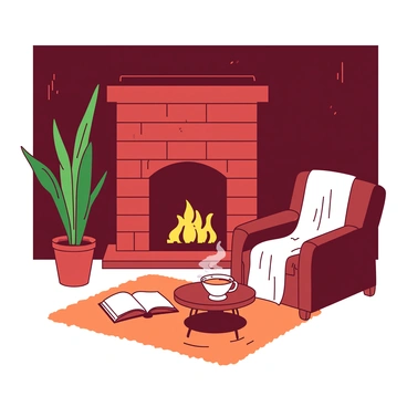 A red brick fireplace with a crackling fire is situated against a dark wooden wall. The flames emit a warm glow, illuminating the surrounding dimly lit room. There is a comfortable brown armchair positioned near the fireplace, draped with a soft white blanket. A small round wooden table beside the chair holds a steaming cup of tea and an open book with pages slightly curled. The floor is covered with a plush orange rug, adding to the cozy atmosphere. In the corner of the room, a tall green plant stands in a terracotta pot, complementing the warm tones.