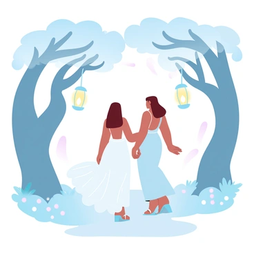 A bride in a flowing white gown is walking alongside a bridesmaid dressed in a pastel-colored dress. They are surrounded by towering trees with twisting branches and vibrant leaves. Glowing lanterns hang from the branches, casting a warm light that illuminates the path ahead. The forest floor is covered in soft, lush greenery, dotted with small flowers. A gentle mist weaves between the trees, adding an enchanting atmosphere to the scene.