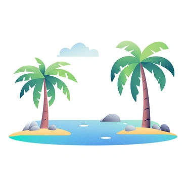 A tranquil blue lagoon is in the center of the image, with clear water reflecting shades of blue and turquoise. Surrounding the lagoon are tall palm trees, their green fronds swaying gently in the breeze. The trunks of the palm trees are slender and brown, contrasting with the vibrant greenery of the leaves. The lagoon's edges are dotted with small patches of golden sand and smooth stones, creating a natural border. In the distance, a few fluffy white clouds are visible in the blue sky, adding to the serene atmosphere.