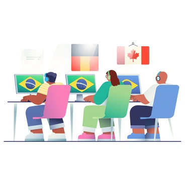 A group of three gamers is sitting at their desks, each focused on their computer screens. The first gamer, with short black hair, is wearing a blue headset and has a red flag of Brazil displayed on the wall behind them. The second gamer, with long brown hair tied in a ponytail, is using a green headset and has the flag of Canada hanging next to their monitor. The third gamer, sporting a buzz cut and glasses, is wearing a yellow headset with the flag of Germany prominently placed on their desk. Each computer screen shows a vibrant multiplayer game interface with colorful graphics. The room lighting is soft, creating a cozy atmosphere for gaming.
