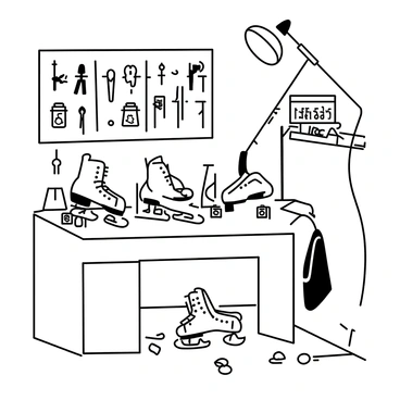 A garage corner filled with tools and equipment for roller skate repairs. There is a workbench covered in various tools such as screwdrivers, pliers, and a small vice. Several pairs of roller skates are scattered across the bench, some partially disassembled. A pegboard on the wall displays organized tools and spare parts. A bright desk lamp illuminates the area, casting light on the intricate details of the skates. A small shelf holds containers filled with bearings and wheels, labeled for easy access. The floor is slightly cluttered with small items related to skate maintenance.