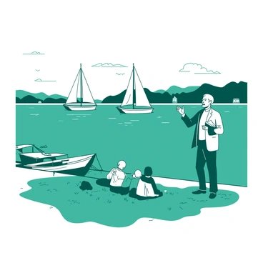 A teal harbor is lined with several boats gently bobbing on the water's surface. In the foreground, a white preacher stands by the water's edge, passionately delivering a sermon. He is dressed in a classic black suit, and he gestures with one hand while holding a small white book in the other. Behind him, a few people are seated on the grassy area, attentively listening. The sky above is clear, and a soft breeze creates ripples on the water, enhancing the serene atmosphere of the scene.