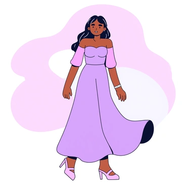 A model is standing gracefully in a flowing gown with soft pastel hues of pink and lavender. The gown has delicate layers that drape elegantly around her. She has long, wavy hair cascading down her back. The background features gentle swirls of muted colors blending harmoniously. The model's expression is serene, and she is posed as if caught in a gentle breeze, adding to the lightness of the scene.