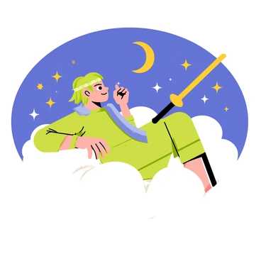 A character resembling a swordsman with green hair and a bandana is lying back on a fluffy white cloud. He has a determined expression on his face, with his eyes closed as if dreaming. Surrounding him are shimmering stars and a crescent moon in a deep blue sky, adding to the dreamlike atmosphere. In one hand, he holds a katana, which glows faintly, symbolizing his aspiration to become "the strongest swordsman." The cloud beneath him gently rises, creating a sense of floating and tranquility.