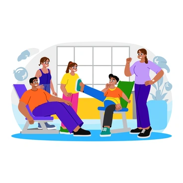 A family of four is present at a gym, with bright equipment in the background. The father sits on a leg curl machine, focusing intently on his workout. Next to him, a young child copies his movements, sitting on a smaller version of the leg curl machine, bringing a sense of playfulness to the scene. The mother stands nearby, encouraging them with a smile, while the sibling, a teenage girl, stretches on a yoga mat. A large window in the background lets in natural light, illuminating the vibrant colors of the gym.