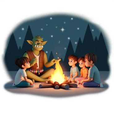 An orc, with green skin and tusks protruding from its lower jaw, is sitting cross-legged by a crackling campfire. The orc is wearing a rugged leather vest and has a collection of colorful trinkets hanging from its belt. A group of four curious children, dressed in various colorful clothing, are seated around the fire, their eyes wide with fascination. The children are leaning forward, listening intently to the orc, who gestures animatedly with one hand while holding a wooden staff in the other. The warm glow of the campfire casts flickering shadows on their faces, creating a cozy atmosphere in the night. The background shows dark silhouettes of trees against a starry sky.