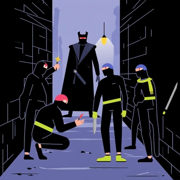A group of three ninjas in black clothing stands in a shadowy alley, each poised for action. The first ninja, with a red headband, is crouched low, preparing to spring into action. The second ninja, with a blue mask, holds a pair of throwing stars, while the third ninja, with a green scarf, draws a katana from its sheath. Opposite them, a tall, menacing villain looms, dressed in dark armor and a flowing cape, with glowing red eyes that pierce through the darkness. The alley is lined with brick walls and scattered debris, creating a tense atmosphere filled with anticipation. A faint light from a distant street lamp casts eerie shadows, enhancing the dramatic confrontation.