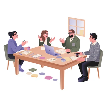 A digital flat illustration depicting a group of four editors seated around a wooden table. The first editor, a woman with curly dark hair, is on the left, wearing glasses and a blue sweater, leaning forward with excitement. The second editor, a man with short black hair, is on the right, wearing a plaid shirt and jotting down notes on a pad with a focused expression. The third editor, a woman with long brown hair tied in a ponytail, is sitting across from the first editor, holding a colorful sticky note and gesturing animatedly. The fourth editor, a man with a beard, is next to the second editor, sipping coffee from a mug while looking at a laptop. Scattered around the table are various colored notepads, pens, and sticky notes filled with ideas. A window in the background shows a bright day outside.