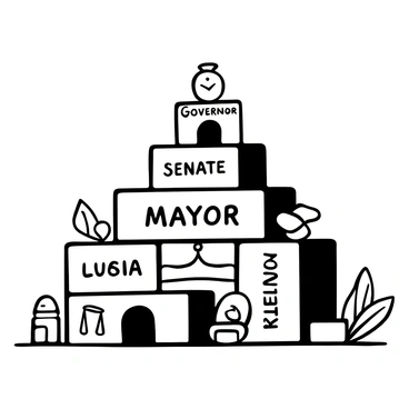 A pyramid structure constructed from blocks, each block prominently labeled with words such as "Senate," "House of Representatives," "Mayor," and "Governor." The blocks vary in size, with the larger ones at the base supporting smaller ones at the top. Surrounding the pyramid are various symbols representing different governmental functions, like scales of justice and a gavel. The entire scene is presented against a plain background, emphasizing the pyramid's intricate arrangement and the significance of each block's label.