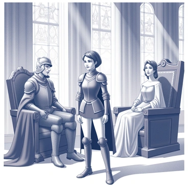 A young woman dressed in a suit of armor stands confidently in a grand royal throne room. She has short hair and a determined expression. In front of her, a king and queen are seated on elaborately designed thrones, each adorned with intricate patterns and symbols signifying their power. The king wears a regal robe, while the queen is dressed in a lavish gown with detailed embellishments. The throne room is filled with tall columns, and ornate tapestries hang on the walls, depicting historical events. Light filters in through large stained glass windows, casting intricate patterns on the floor.