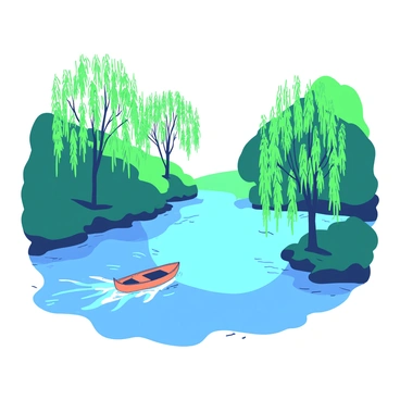 A tranquil river scene features a blue river flowing gently through the center. A small orange boat is floating effortlessly on the surface of the water. Along the banks, several tall green willow trees with long, sweeping branches create a lush canopy. The sunlight filters through the leaves, casting dappled shadows on the river. The water reflects the vibrant colors of the trees and the boat, creating a harmonious composition.