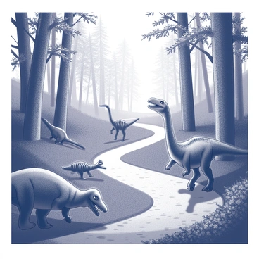 A winding path cuts through a dense forest filled with towering trees and thick underbrush. Sunlight filters through the foliage, casting intricate shadows on the ground. Along the path, various dinosaurs are seen roaming freely. A large, long-necked dinosaur can be observed grazing on leaves from the trees, while a smaller, agile dinosaur darts between the bushes. Other dinosaurs, such as a spiky-backed creature, meander in the background, creating a lively scene of prehistoric wildlife. The atmosphere is dynamic, showcasing the interaction between the dinosaurs and their lush, green surroundings.