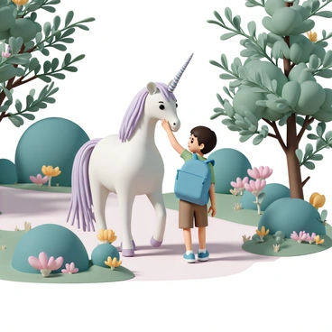 A child, wearing a bright blue backpack, a green t-shirt, and brown shorts, is hiking alongside a majestic unicorn. The unicorn has a shimmering white coat, a long, spiraling horn, and a flowing mane in shades of pastel pink and lavender. The nature trail is surrounded by vibrant foliage, featuring trees with rich green leaves, colorful flowers in multiple hues, and soft sunlight filtering through the branches. The child is reaching out to touch the unicorn's mane, while the unicorn looks ahead with an alert expression.