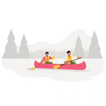 Two canoeists paddling through a thick fog on a calm river. The scene features soft gray and white mist swirling around them, obscuring the distant shoreline. The canoeists wear colorful life jackets, and the canoe is bright red. Gentle ripples form in the water around the canoe, reflecting the muted colors of the fog. Tall trees line the riverbanks, their silhouettes barely visible through the haze. The atmosphere is serene, with only the sound of water splashing as the paddles dip in and out.