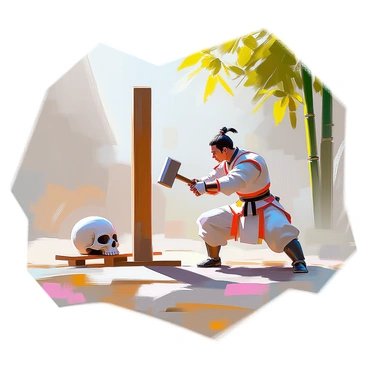 An ancient Chinese warrior with long dark hair tied back, dressed in traditional armor, is practicing skull crushers. He is positioned near a wooden training post, using a heavy stone hammer designed for strength training. His muscular arms are poised, showcasing his concentration and power as he prepares to strike. The surrounding environment includes bamboo trees and soft grass, adding a sense of tranquility to the intense training session. The warrior's expression is focused, reflecting his dedication to mastering his skills.