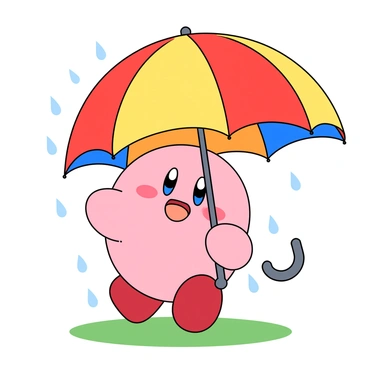 A round pink character with small limbs, representing "Kirby," is joyfully holding a large, colorful umbrella. The umbrella features a vibrant pattern of red, yellow, and blue stripes. Droplets of water fall gently around him, creating small splashes on the ground. Kirby's expression is one of delight, showcasing a wide smile and bright eyes. The background includes a light mist of rain and hints of green grass beneath him. The scene conveys a playful atmosphere, emphasizing Kirby's cheerful interaction with the umbrella.