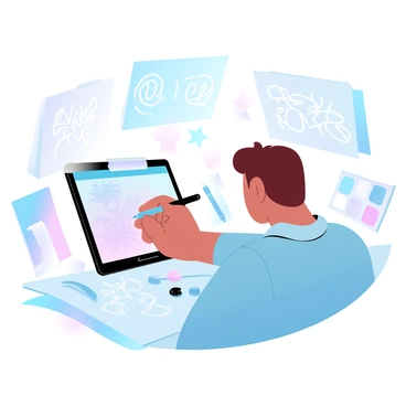 An artist creating digital illustrations on a tablet, with bright screens and design tools around.