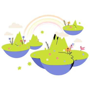 A whimsical landscape featuring floating islands of various sizes with lush greenery and vibrant flowers. The sky is filled with bright, swirling colors of a rainbow, creating a magical atmosphere. Each island has a distinct shape, some resembling fluffy clouds, while others are jagged and rocky. Tiny creatures, such as colorful birds and whimsical fairies, can be seen fluttering about the islands, adding life to the scene. A gentle breeze flows through the landscape, moving the flowers and creating a sense of motion.