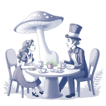 A whimsical tea party scene features "Alice" and the "Mad Hatter" seated at a table set for tea. The table is adorned with an array of mismatched tea cups and teapots, along with plates of assorted pastries. "Alice," wearing a blue dress with an apron, is smiling as she converses with the "Mad Hatter," who is dressed in a colorful suit and a tall hat, showcasing various decorative elements. Above them, a giant mushroom casts a shadow, its cap is broad and detailed with intricate patterns. Surrounding the scene, vibrant foliage is visible, creating an enchanting atmosphere.