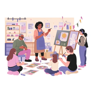 A digital flat illustration depicting a diverse group of people of all ages participating in a creative workshop. In the center, there is a middle-aged woman with curly hair, wearing a blue apron, demonstrating painting techniques on a canvas. A young girl with pigtails is sitting on the floor, surrounded by colorful crayons and paper, focused on her drawing. To the left, an elderly man with glasses is assembling a collage using various textured materials, while a teenager, wearing headphones, is painting a large mural on the wall. The background is filled with shelves of art supplies including brushes, paints, and paper, with colorful sketches and ideas pinned on the walls. Brightly colored decorations hang from the ceiling, creating an inspiring atmosphere.