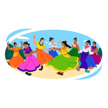 A group of dancers in vibrant traditional attire is performing a cultural dance. Each dancer is wearing colorful garments, featuring intricate patterns and flowing fabrics that move gracefully as they dance. The dancers are positioned in a dynamic formation, with some leaping into the air while others are in mid-step. Their facial expressions reflect joy and determination, showcasing a sense of cultural strength. The background features a simple outdoor setting, with a few trees and a clear blue sky.