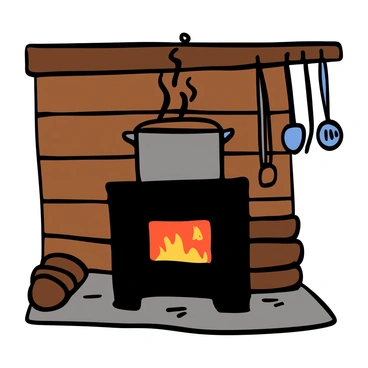 A rustic wood stove made of cast iron sitting in a cozy cabin. The stove is black with some orange and red flames flickering brightly inside. On top of the stove, there is a large pot of stew simmering, with steam rising from it. The pot is shiny and metallic, reflecting the warm glow of the flames. The background features wooden walls, logs stacked beside the stove, and a few kitchen utensils hanging nearby. The overall atmosphere conveys warmth and homeliness.