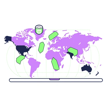 An international map is displayed on a flat surface, clearly showing various countries across the globe. Prominent arrows in green and purple extend from a central point, indicating the global spread of a successful product. Each arrow points towards different regions, illustrating the direction and flow of distribution. Small icons representing the product are positioned near the end of each arrow, highlighting its destinations. The map is filled with detailed outlines of continents and countries, and the background includes a subtle grid pattern.