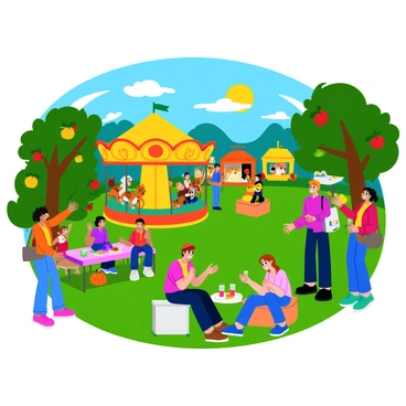 Families at a harvest festival are shown enjoying various activities. A group of children is picking bright red apples from trees, their hands reaching up to grab the juiciest ones. Nearby, parents are watching as their kids ride on a colorful carousel decorated with cartoon animals. Stalls filled with pumpkins and cornstalks surround the area, while some families are sitting at picnic tables, sharing snacks and drinks. The scene is lively with children laughing and the sun shining down on the festive atmosphere.