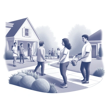 A neighborhood scene featuring diverse residents engaging in conversation and smiling. There are several individuals scattered throughout the scene; one resident, a round person, is tending to their garden, holding a watering can and gently watering plants. Surrounding them are neighbors of various backgrounds, some standing on porches and others walking along the path, all interacting in a friendly manner. Lush greenery and well-kept gardens can be seen in the background, contributing to the community atmosphere.
