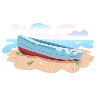 An old boat with peeling paint and barnacles on its hull lies abandoned on a sandy beach. The boat is resting partially buried in the sand, with some of its wooden planks cracked and weathered. Surrounding the boat are small tufts of green sea grass and scattered seashells. In the background, gentle waves lapping at the shore create a tranquil atmosphere, while a soft gradient of pastel colors in the sky hints at a sunset.