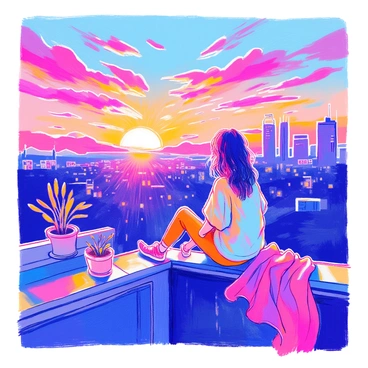 A person sitting on a rooftop is gazing at a vibrant sunset that fills the sky with shades of orange, pink, and purple. The city skyline is silhouetted against the colorful backdrop, with tall buildings and a distant horizon. The person is wearing a casual outfit and has their feet dangling over the edge of the rooftop. Nearby, there is a small potted plant and a cozy blanket draped over the rooftop. The scene captures a sense of tranquility as the sun slowly descends below the horizon.