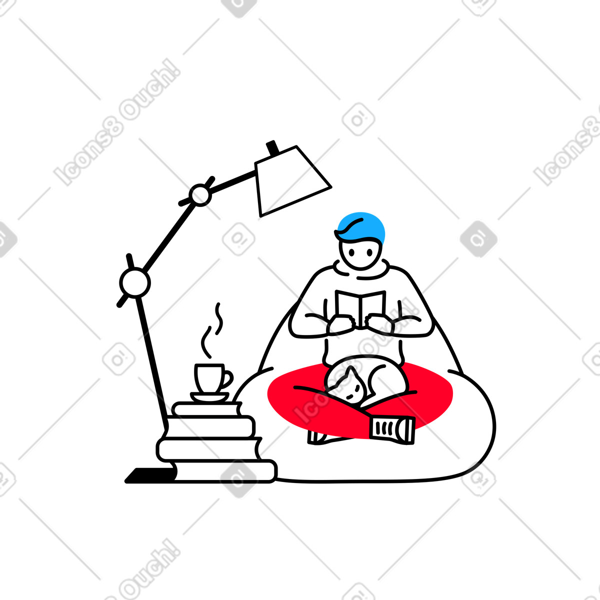 Man reading in an armchair with a floor lamp and books illustration in Transistor style download in PNG, SVG