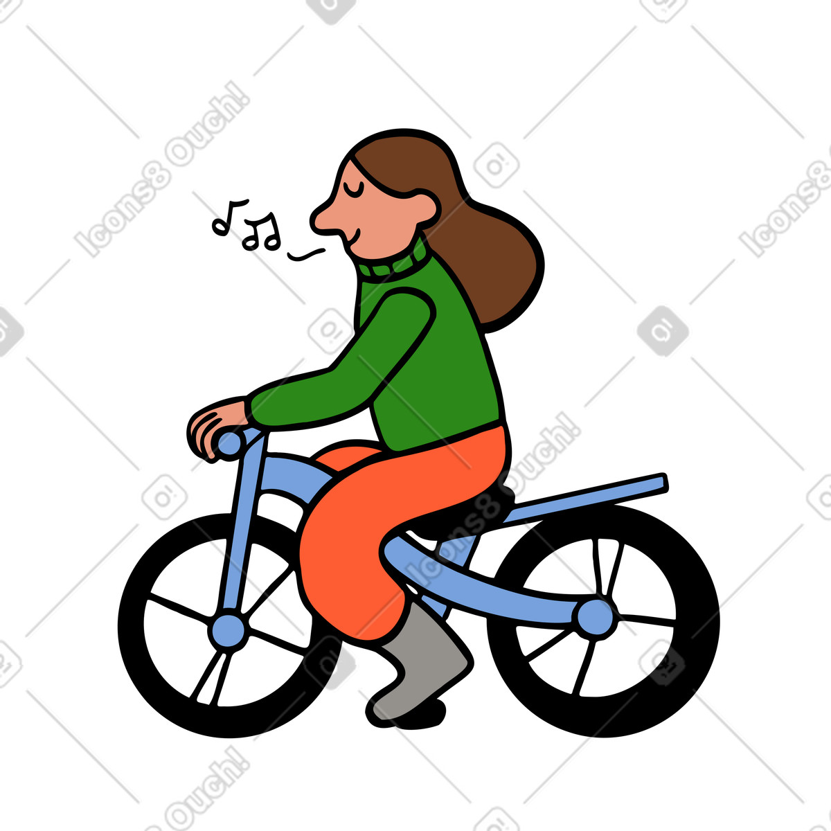 Illustration Femme heureuse faisant du vélo et chantant dans le style Comic à télécharger aux formats PNG, SVG