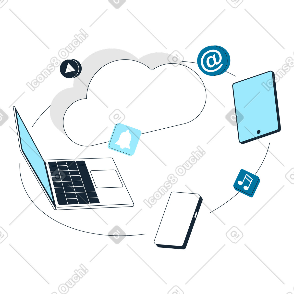 Multiple gadgets sharing cloud storage, Cross-device data access illustration in Indigo style download in PNG, SVG