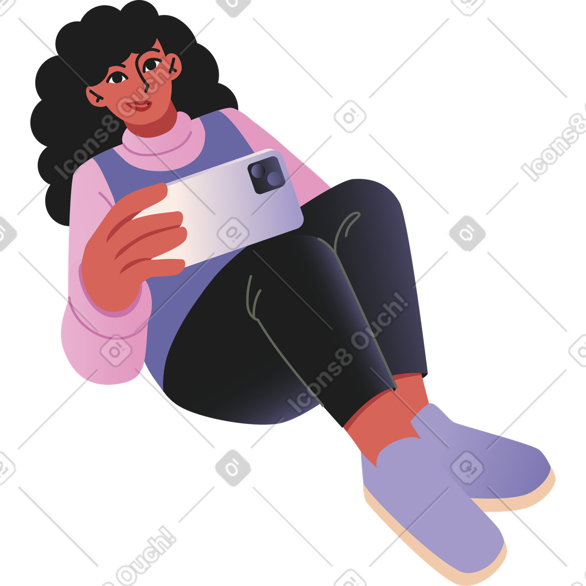 Giovane donna con capelli afro seduta e prendendo un selfie illustrazione in stile Coworking scarica in PNG, SVG