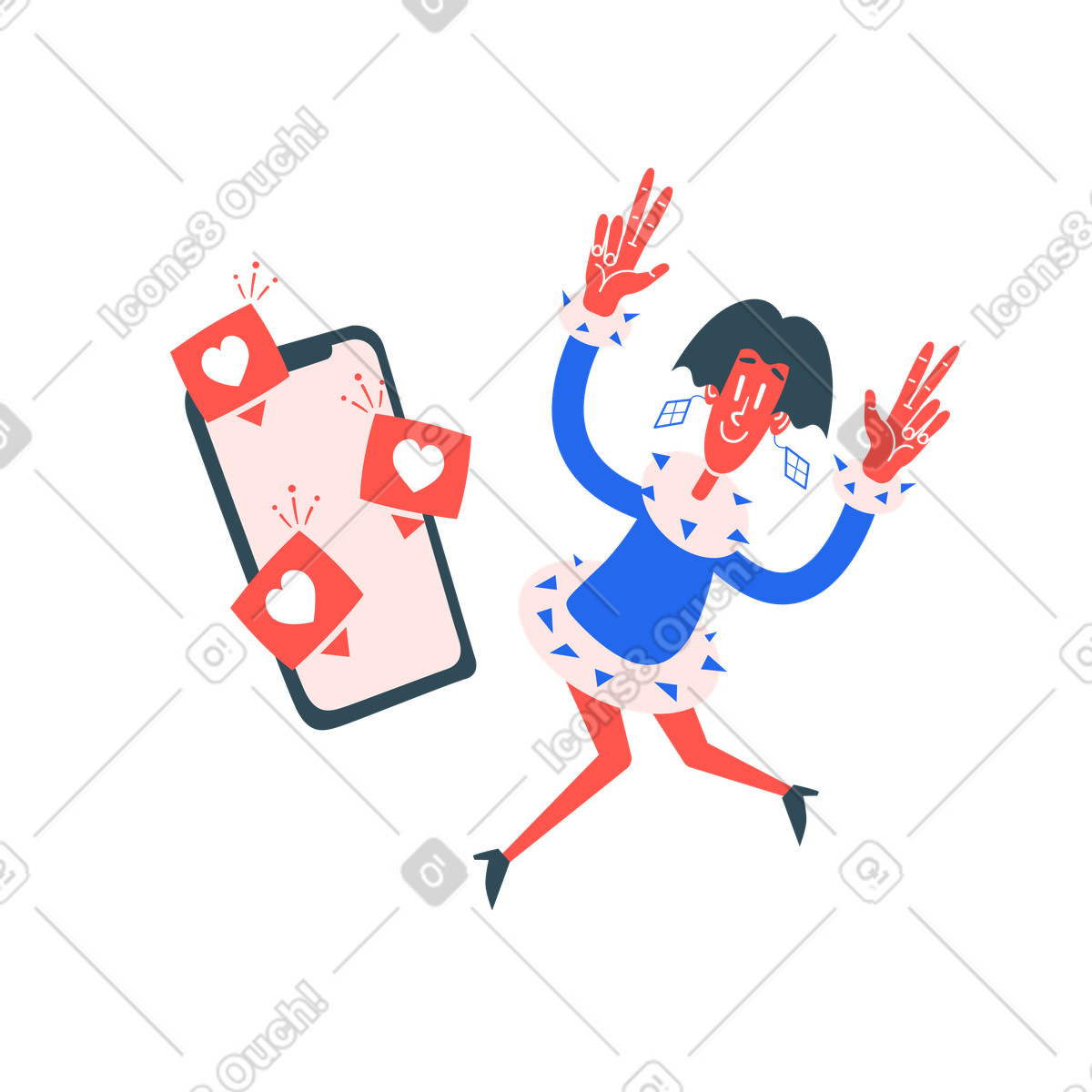 Happy user receiving likes, Social media growth and popularity illustration in Kingdom style download in PNG, SVG
