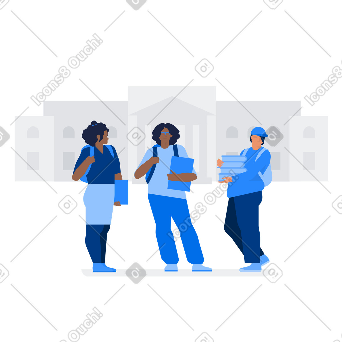 College students illustration with backpacks and books in front of university clipart educational graphics