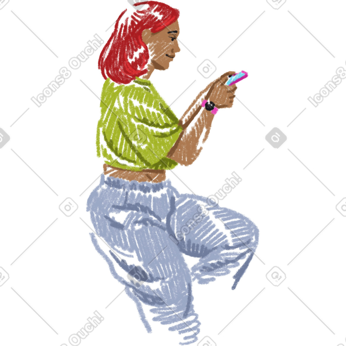 下载 Sketchbook 风格的 女人看着她的手机 插画，支持 PNG、SVG 格式