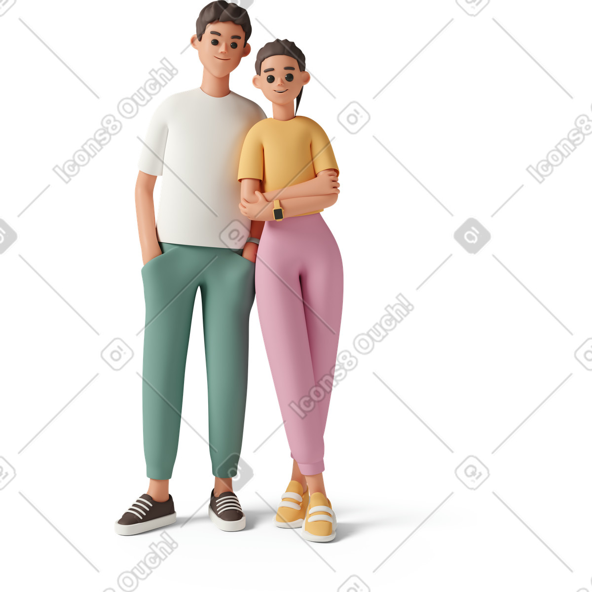下载 3D Casual life 风格的 Full length of young couple 插画，支持 PNG、SVG 格式
