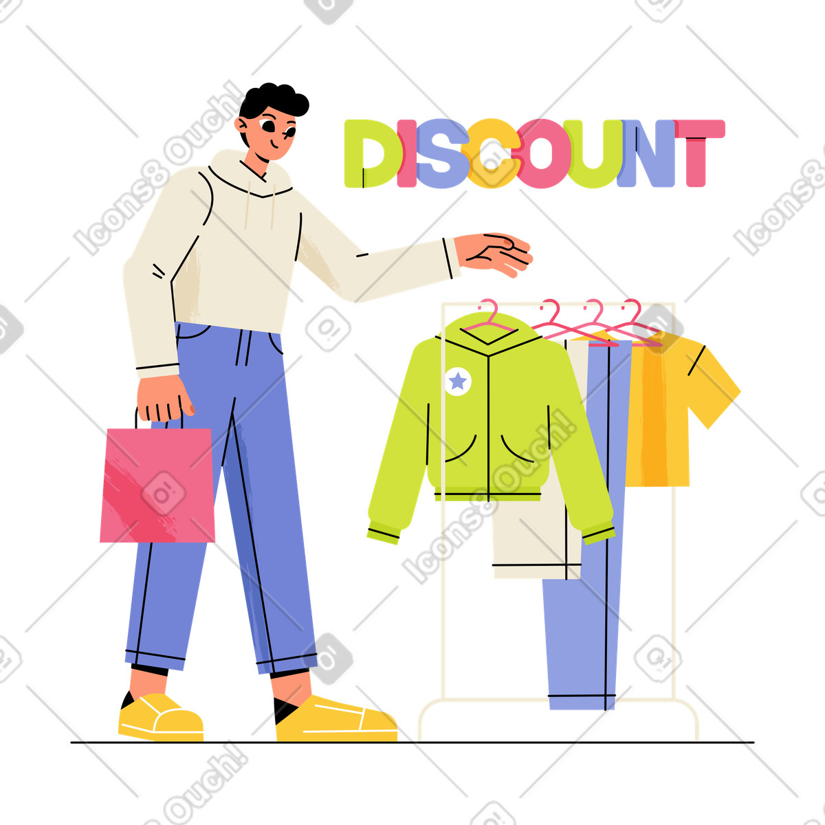 Lettering Discount with man who buys clothes on sale illustration in Juicy style download in PNG, SVG
