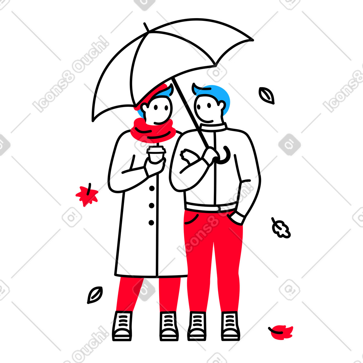 Ilustração de Casal com guarda-chuva caminhando no outono em estilo Transistor para baixar em PNG, SVG