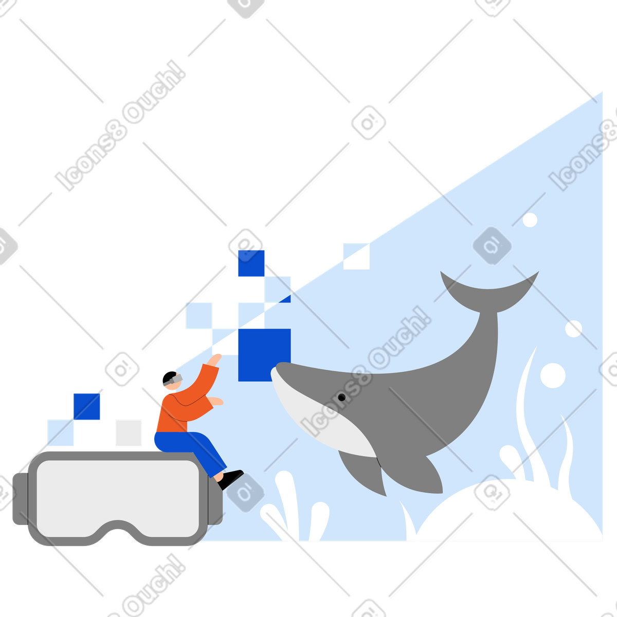 Giovane che indossa occhiali vr e vede una balena illustrazione in stile Tiny scarica in PNG, SVG