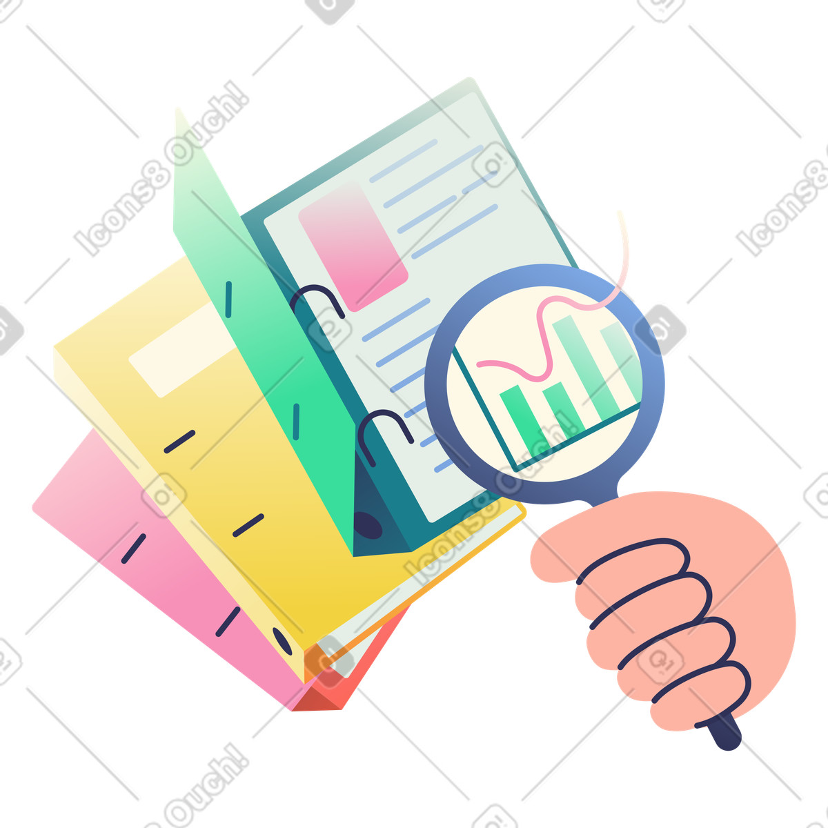 Illustration animée Documents avec loupe et graphique, examen de des informations basées sur les données, recherche fichiers dans le style Beam à télécharger aux formats GIF, Lottie (JSON), AE