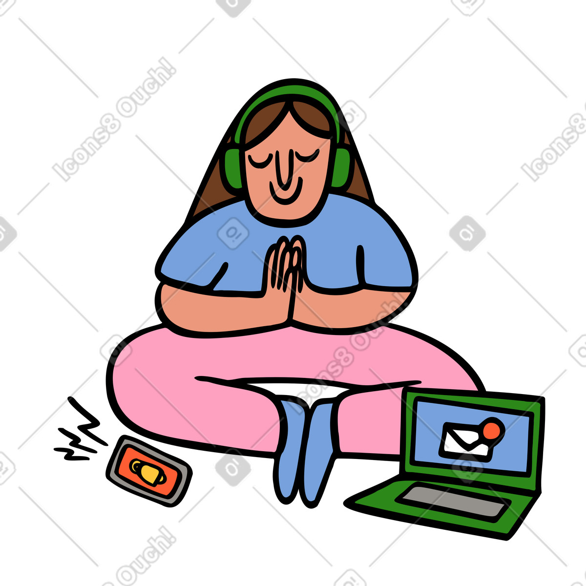 Frau ignoriert anrufe und nachrichten während der meditation-Illustration im Comic-Stil als Download in PNG, SVG