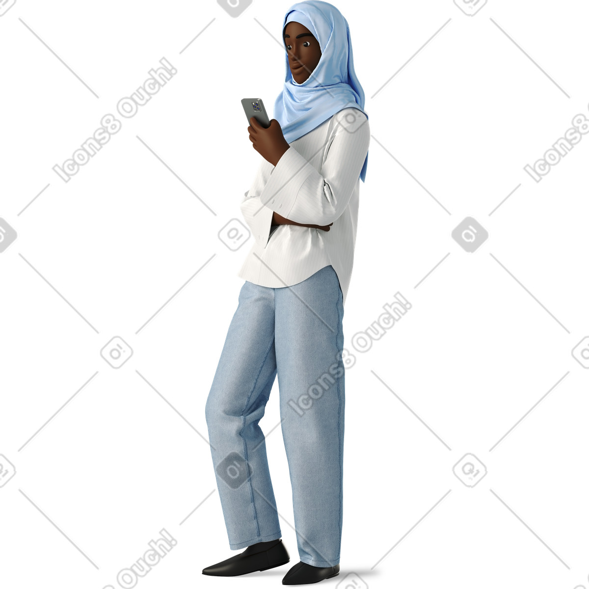 Illustration Young woman in hijab looking at the phone dans le style 3D Business à télécharger aux formats PNG, SVG