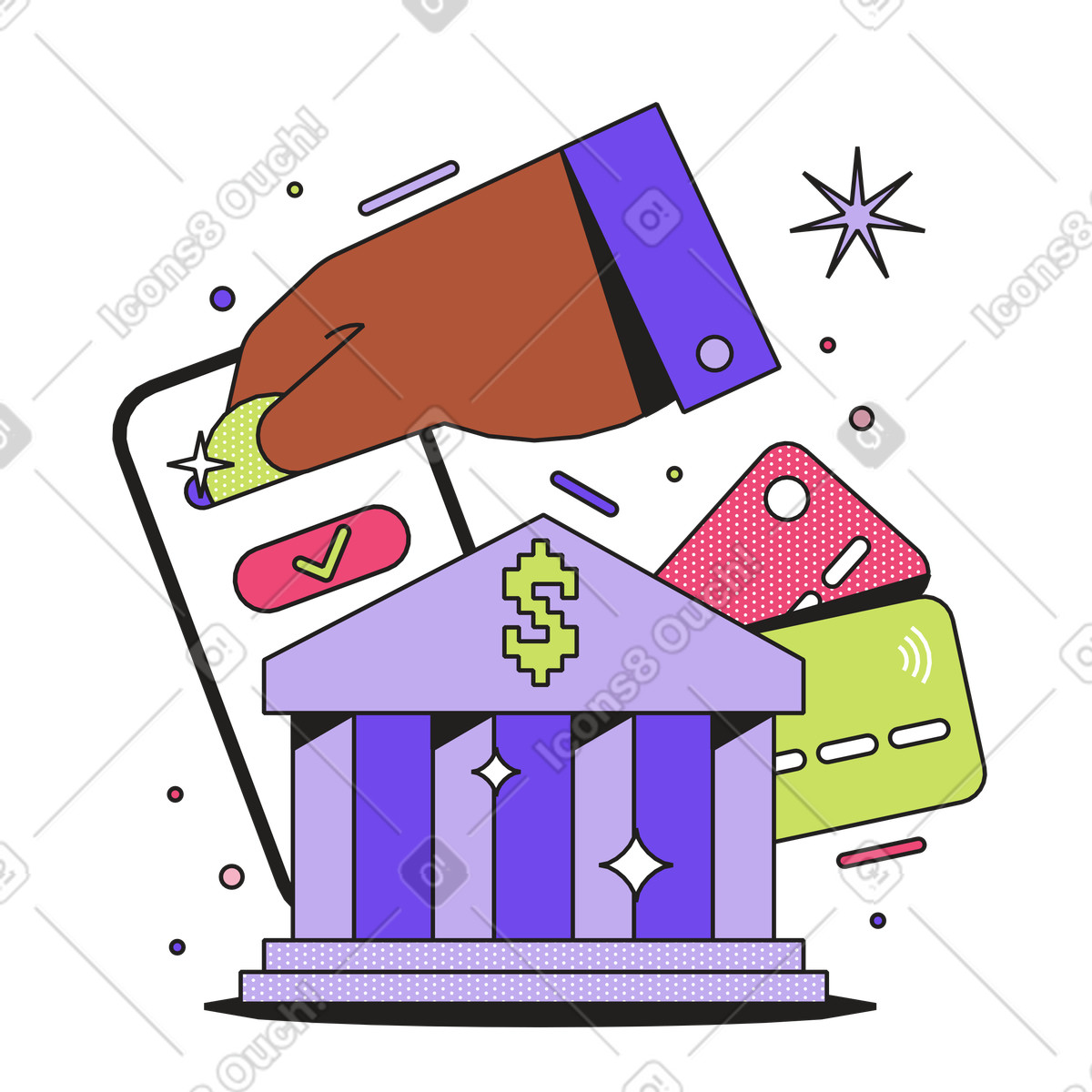 Smartphone with online banking and e-transactions animated illustration in GIF, Lottie (JSON), AE