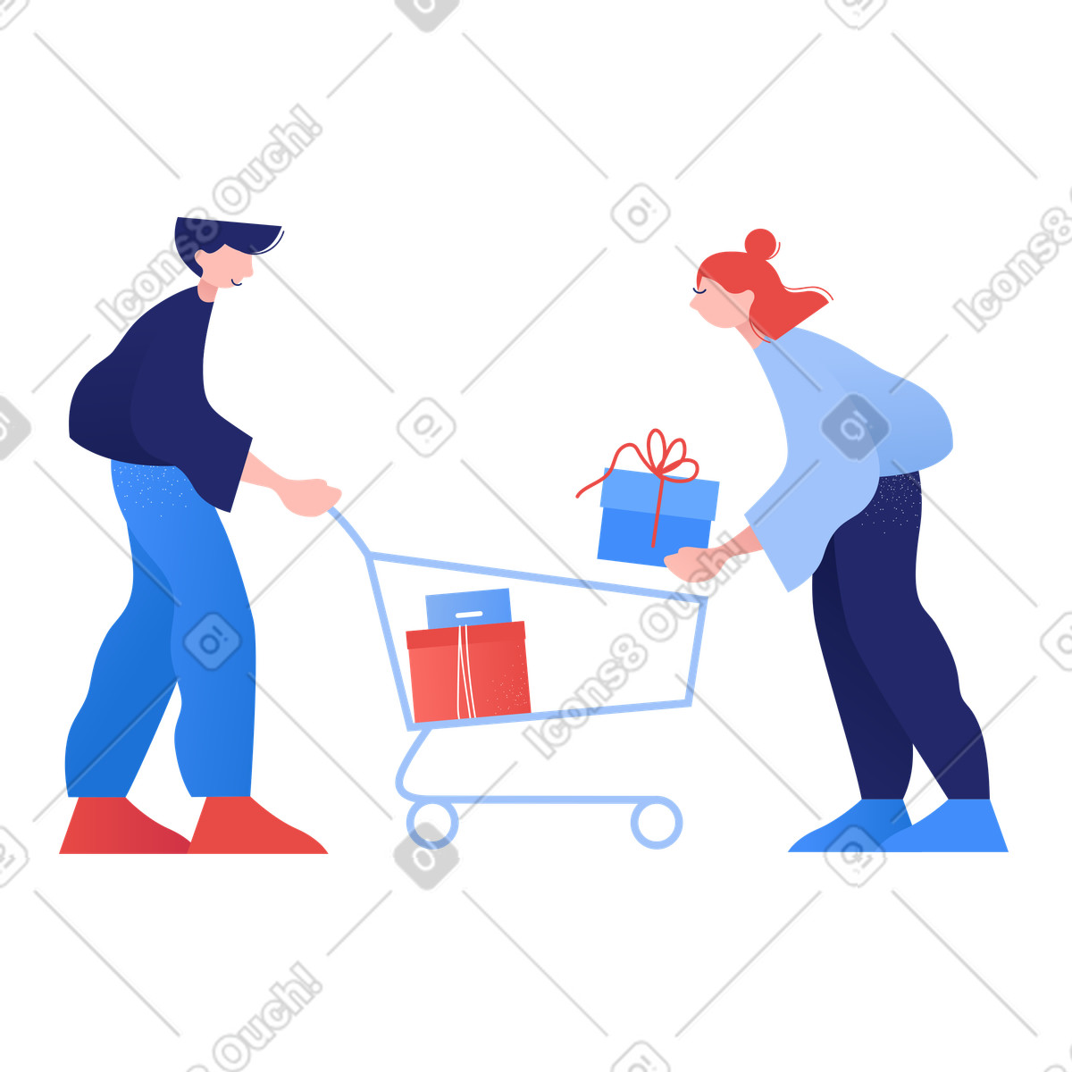 Illustration Couple mettant des cadeaux dans le panier style Clip à télécharger aux formats PNG, SVG